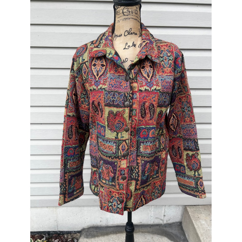 Chicos Anniversary Collection Tapestry Jacket Beaded Elephant Rooster artsy